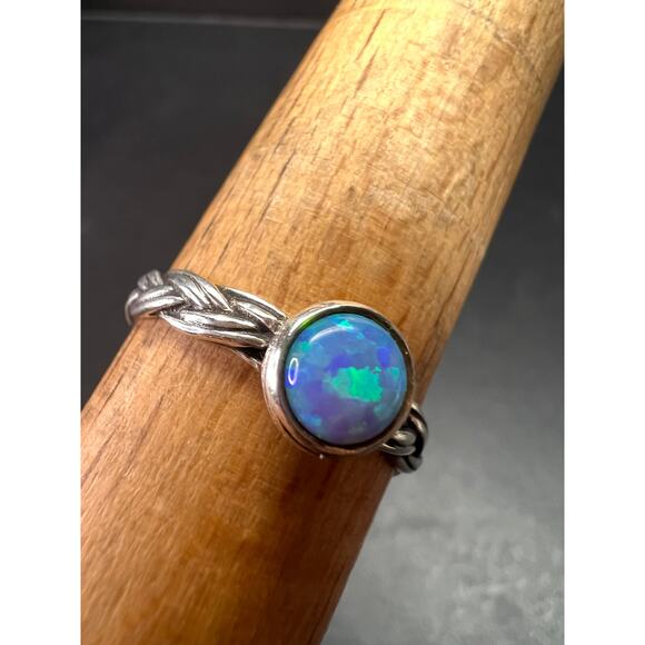 Sterling Silver Braided Band Ring with Lab Opal – Size 9 - Picture 9 of 16